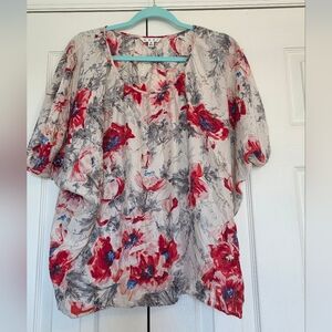 CAbi Red and Gray Floral 100% Silk Blouse, Size S